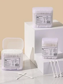 Multifunktionaler Wattestäbchen - Weiß, mit spiralförmiger und runder Spitze, aus Holzzellstoff-Griff, mit transparenter Aufbewahrungsbox ausgestattet, geeignet für Ohren und Nase. Der Verpackungsstil kann variieren, jede Packung enthält 100 Stücke. - Übersicht 1