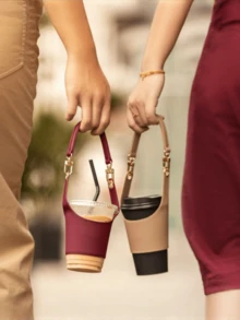 1pc Adjustable Cup Sleeve, Hook And Loop Design, Reusable, PU Leather Portable Bag, Insulated Beverage/Coffee Cup Holder - Multicolor - View 3