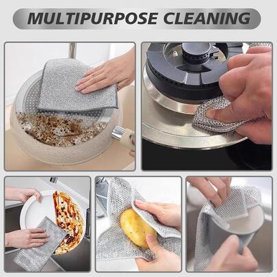5 miếng vải kim loại dày hai lớp chống trầy xước, thích hợp cho cả lau khô và lau ướt, có thể giặt và không mùi, dùng làm miếng cọ rửa bằng thép để làm sạch nồi, bồn rửa, bát đĩa và bếp, có chức năng loại bỏ gỉ sét.