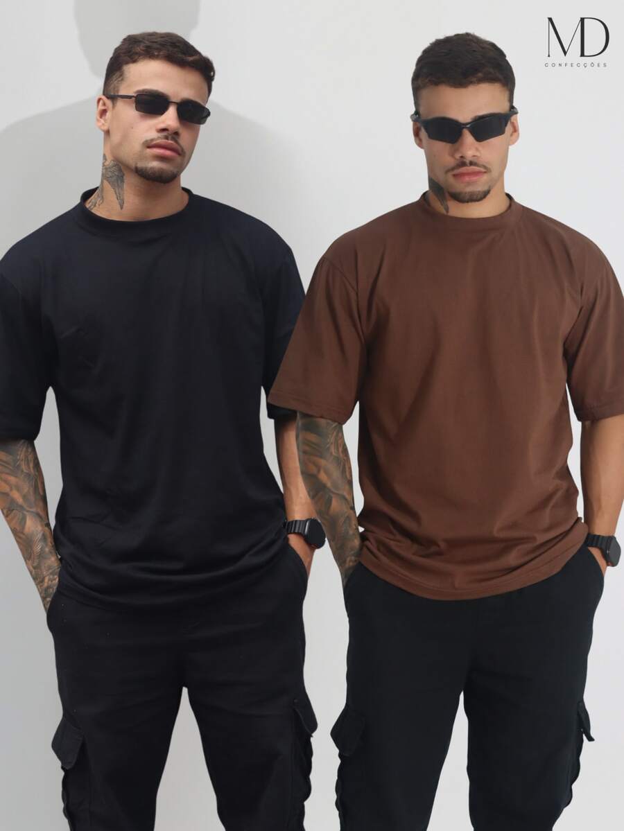 Kit 2 Men's Oversized T-Shirt Streetwear Plain Cotton Basic Collar - Brown/Black - View 1