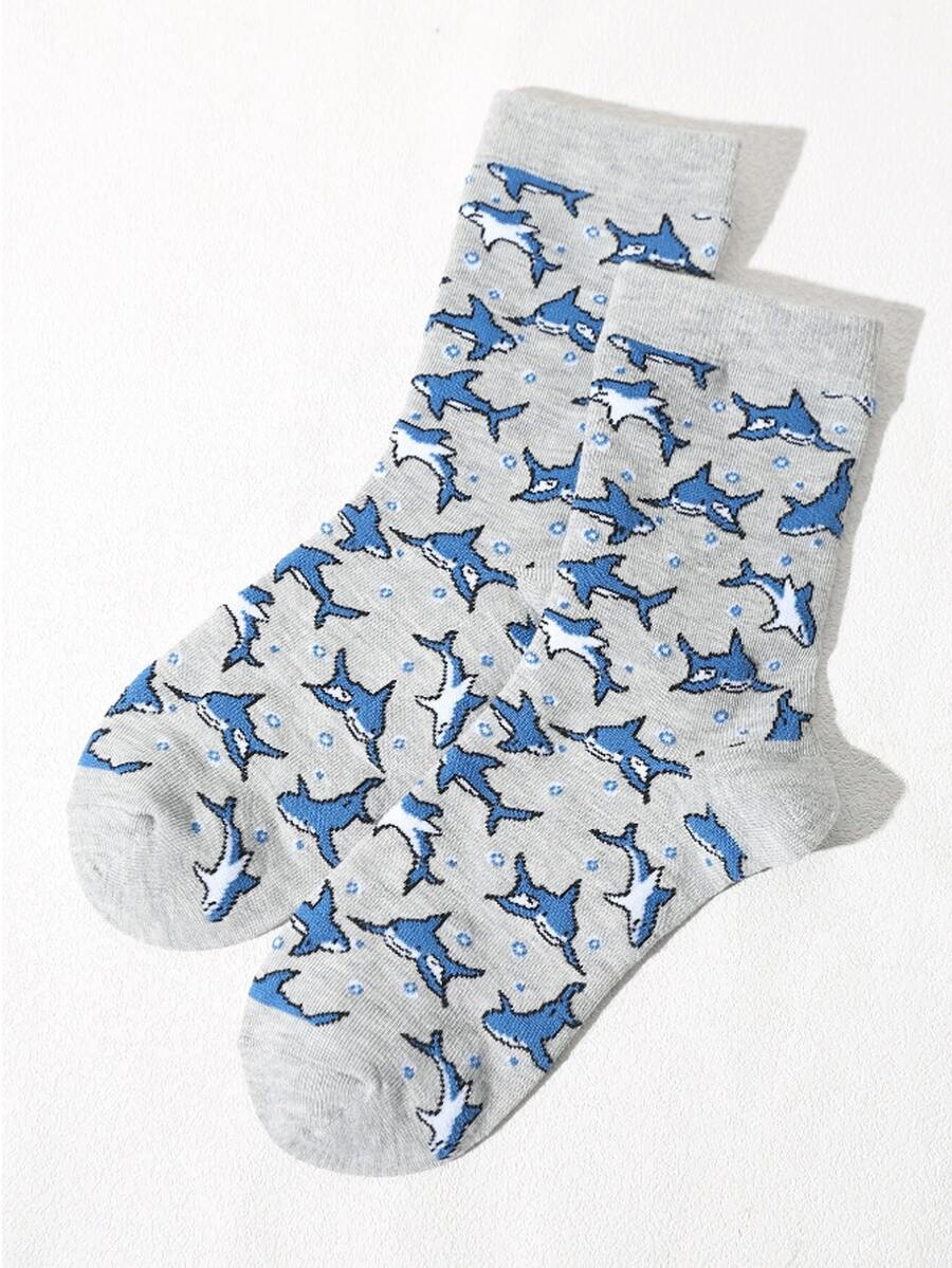 1/3/5 Pairs Of Men's Cartoon Shark Fun INS Cute Unisex Couple Cartoon Sports Socks Skateboard Mid-Calf Socks - Multicolor - View 1