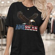 Camiseta de algodón para mujer con estampado patriótico de American Eagle, de corte holgado, ideal para uso diario o como camiseta conmemorativa para amigos o seres queridos. También es adecuada como suéter. Entrega rápida. - Negro - Ver 6