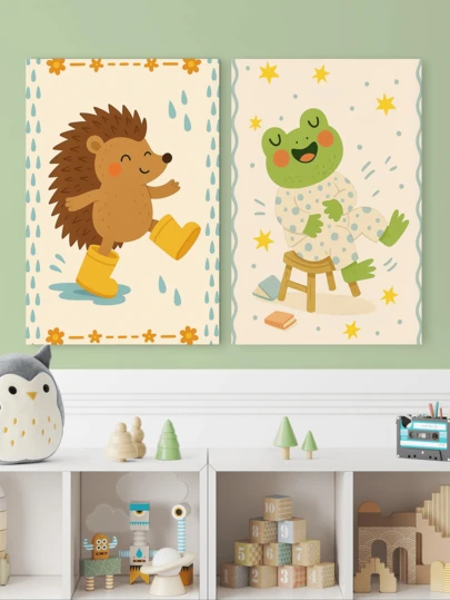 1pc, Canvas Waterproof Poster, Framed Kids' Room Wall Art, Pajama Frog Poster, Vintage Children's Room Wall Decoration, Hedgehog In Rain Boots Design, Playful Kids' Room Decor, Perfect Gift For New Parents, Adorable Wall Art, Ideal For Children's Room Decor, Playroom Decor, Boys' Bedroom, Girls' Bedroom, Birthday Gift, Baby Gift, Nursery Decor, Preschool Decor