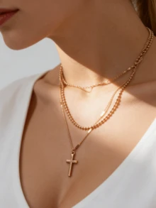三层钛钢十字架吊坠项链，奢华简约风格 - 金色 - 查看 1