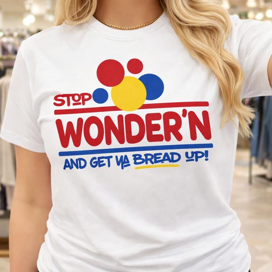 Camiseta de algodón para mujer con estampado gráfico "Stop Wonder'n And Get Ya Bread Up". Ideal para uso diario o como camiseta conmemorativa para amigos o seres queridos. También es adecuada como suéter. Entrega rápida. - Blanco - Ver 1