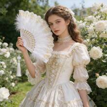 复古黑白羽毛手扇，饰以金色蕾丝花边和珍珠流苏——优雅哥特洛丽塔维多利亚风格扇子，适用于婚礼新娘、角色扮演、万圣节服装、拍照道具、茶会装饰 - A - 查看 10