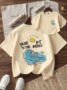 Áo thun ngắn tay cổ tròn in họa tiết phong cách thường ngày cho bé trai tuổi teen, áo mùa hè. - Màu be - Xem 1