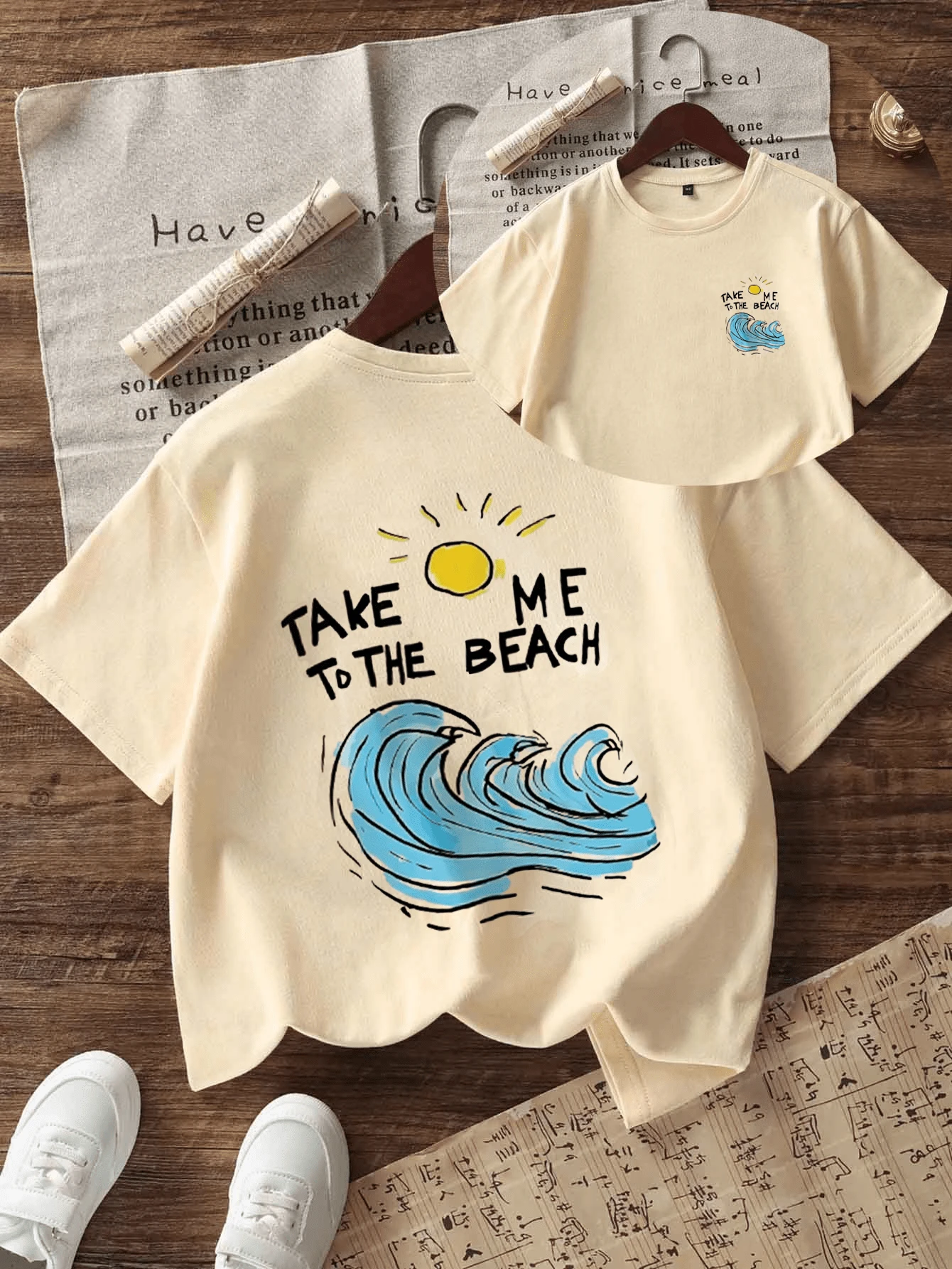 Áo thun ngắn tay cổ tròn in họa tiết phong cách thường ngày cho bé trai tuổi teen, áo mùa hè. - Màu be - Xem 1