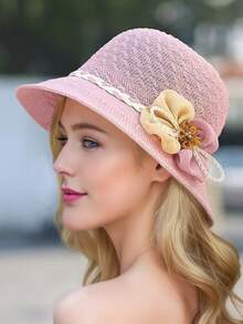 1顶女士时尚甜美花卉装饰遮阳帽，优雅针织宽檐草帽，蝴蝶结装饰，适合春夏户外、海滩、旅行，可折叠，透气，百搭 - A - 查看 9