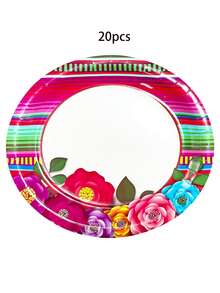 10pcs/20pcs/30pcs 10.2 X 11.2 Inch Mexican Holiday Oval Paper Plates Large Mexican Theme Party Decoration Cinco De Mayo Floral Stripe Supplies Day Of The Dead Mexican Paper Cup Taco Tableware Set - Multicolor - View 8
