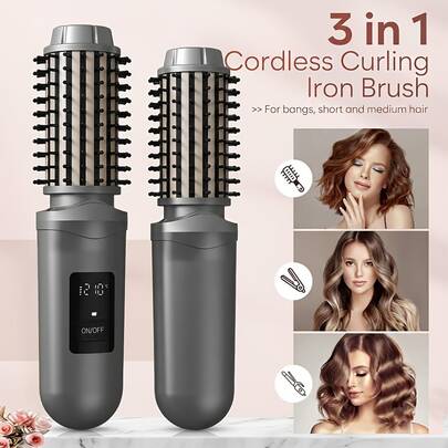 3-In-1 Wireless Hair Curler&Straightener Brush, 2-In-1 Rechargeable Styling Tool With LED Display, 3 Temperature Settings, USB Charging, Portable Mini Hot Brush, Suitable For Travel And Daily Family Use, Suitable For All Hair Types