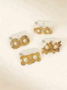 5 Pairs Stainless Steel Hoop Earrings, Korean Style Delicate Asymmetrical Design, Suitable For Women's Daily, Party, Holiday Wear, Halloween Gift - Yellow Gold - View 2