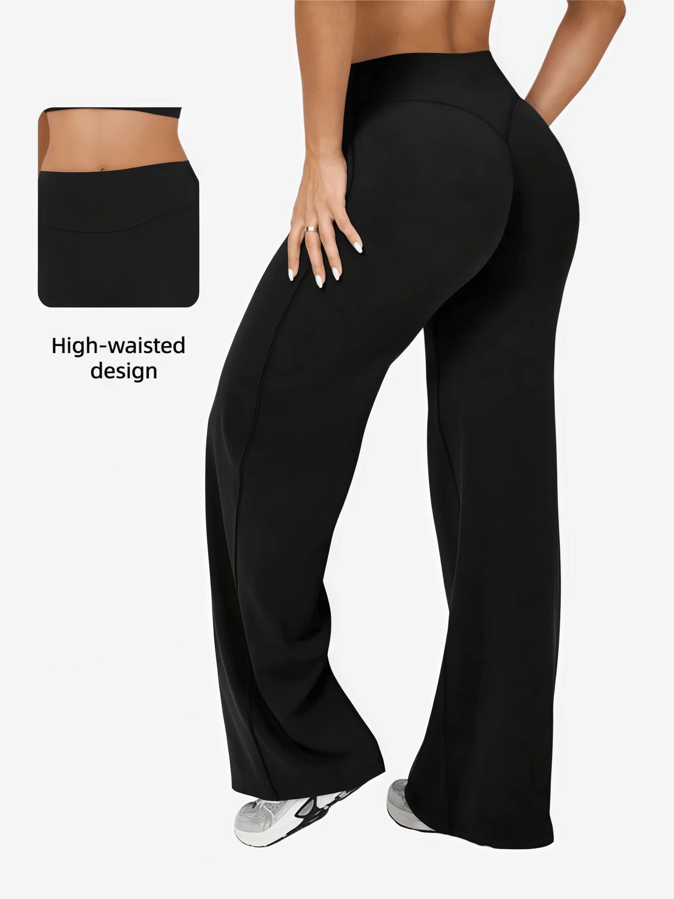 Women's High Waist Solid Color Loose Wide Leg Yoga Pants, Comfortable And Slimming, Suitable For Running, Fitness And Yoga - 黑色 - 查看 1