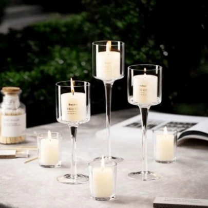 3pcs Elegant Transparent Glass Candle Holder Set, Tabletop Candle Holders, Suitable For Dining Room, Party, Wedding Decor, Hurricane Candle Stands, Multiple Sizes