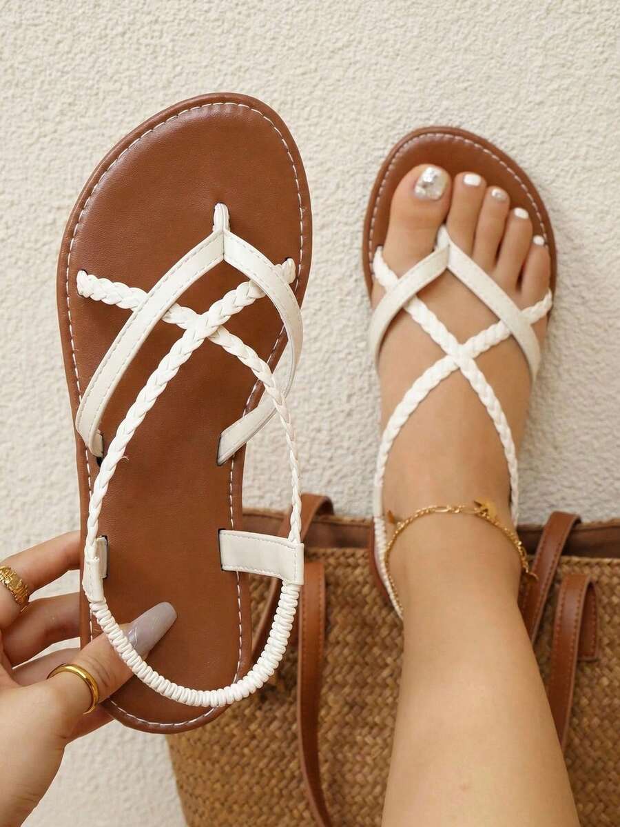 Women's Fashionable Summer Comfortable Woven Toe Ring Flat Sandals