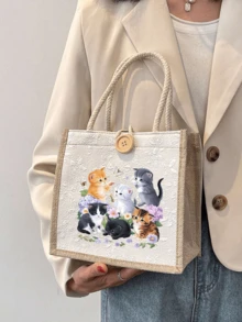 卡通猫咪印花手提袋，字母图案，可重复使用印花手提包，女士双提手购物袋/背包，大容量单肩包，休闲手提袋，情人节收纳袋，返校午餐包，适合通勤、上学和购物，方便户外活动 - 彩色 - 查看 7