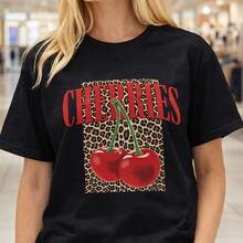 Camiseta de algodón para mujer con estampado de cerezas y leopardo, de manga corta, informal, para uso diario o como camiseta conmemorativa para amigos o seres queridos. También es adecuada como suéter. Entrega rápida. - Negro - Ver 6
