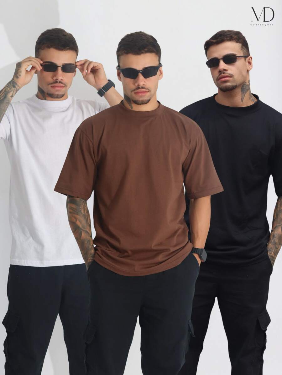 Kit 3 Men's Oversized Streetwear Plain Basic Turtleneck T-Shirts 100% Cotton - Black/Brown/White - View 1