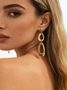 一对时尚金属镂空水滴形耳环，带金属流苏，适合女性日常佩戴和节日派对礼物 - 金黃色 - 查看 2