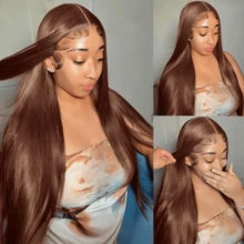 巧克力棕色长款假发，8-34英寸，真人前额发丝，13x4高清蕾丝前假发，200%密度巴西混纺原生发，蕾丝前真人前额发丝，直发假发，预先拔毛，带婴儿发，混纺发丝，适合女性日常、派对、圣诞节等场合使用。 - S4 - 查看 5