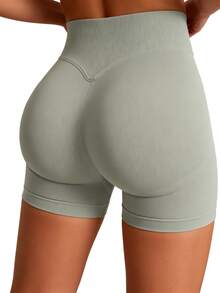 Pantalones cortos deportivos para mujer de alta elasticidad y sin costuras, adecuados para deportes al aire libre, entrenamientos de yoga en el gimnasio, pantalones cortos de ciclismo al aire libre, pantalones cortos ajustados que levantan los glúteos y se ajustan al cuerpo. - Gris Claro - Ver 4