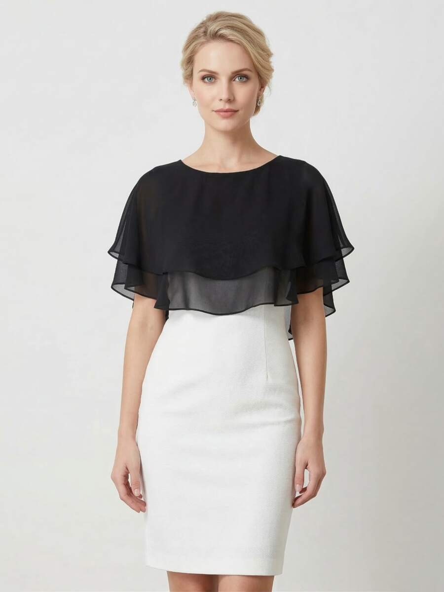 优雅黑色多层雪纺披肩，女士飘逸薄纱雪纺披肩，多层荷叶边晚礼服披肩，婚纱外套，正式场合配饰 - 黑色 - 查看 1