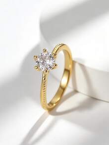 Charm-In Classic 18K Gold Plated Six-Prong Solitaire Ring | Round Cut CZ With Milgrain Shank | Perfect Engagement & Promise Jewelry - Gold - View 1