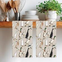 2 pièces Serviettes de cuisine minimalistes de couleur café avec motif d'oie, en matériau polyester doux. Convient pour la décoration de cuisine, le nettoyage, la décoration de fête, les essentiels de cuisine et de salle de bain, la décoration d'intérieur, un cadeau de pendaison de crémaillère. - Multicolore - Voir 2