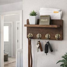 Organizador de llaves de madera decorativo con 4 ganchos dobles para montaje en pared, con estante de almacenamiento para entrada, decoración del hogar, cartas, paquetes, estilo vintage rústico, soporte para llaveros montado - 4 ganchos - Ver 4