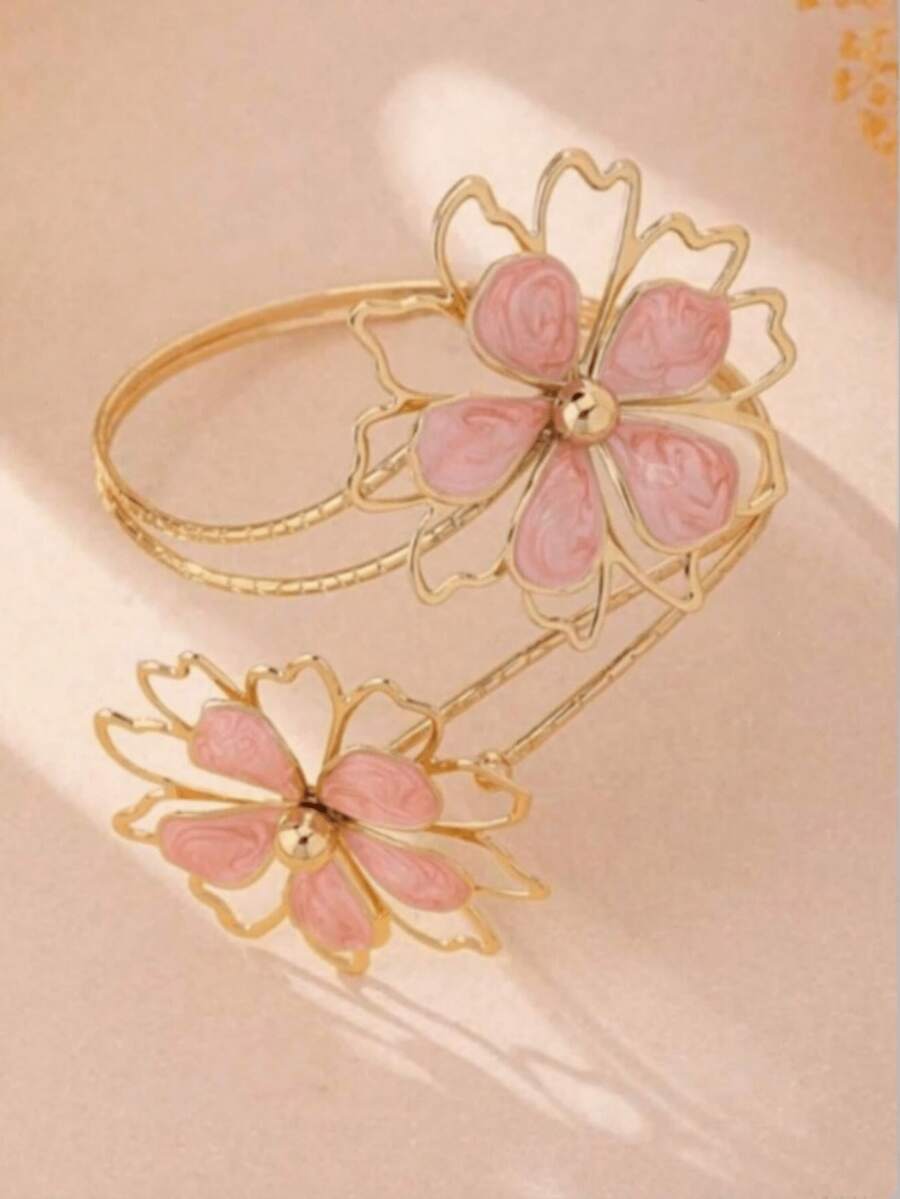 1pc Fashionable Elegant Vintage Open Flower Arm Cuff - Watermelon Pink - View 1