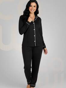 Pijama Americano Feminino Inverno Longo Quentinho Conjunto Calça e Blusa Super Confortável Luxuoso - Preto - Visão 9