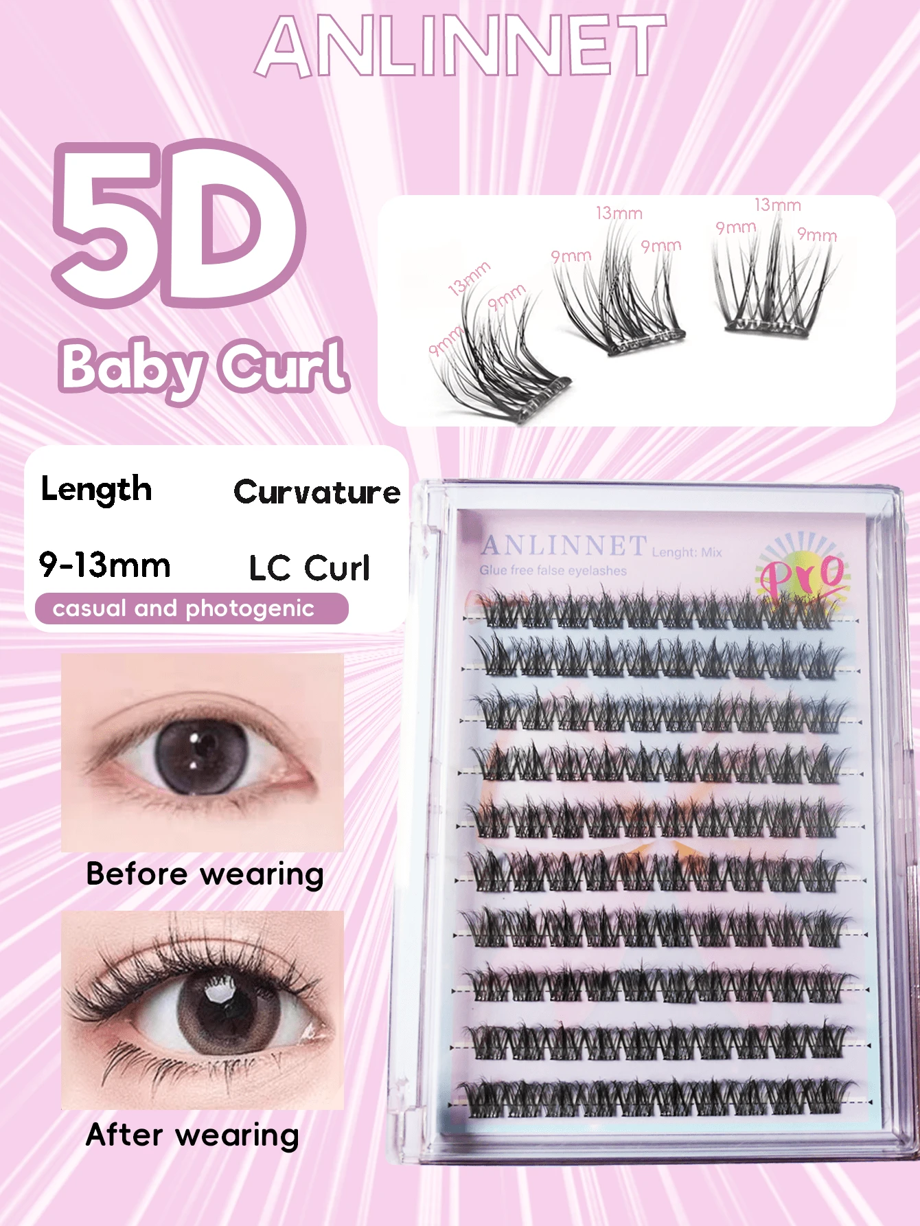 100pcs C-Curl Curly Anime False Eyelashes, Soft DIY Segmented Flocking Lashes, 5D Fluffy Natural Look Fake Eyelashes - View 1