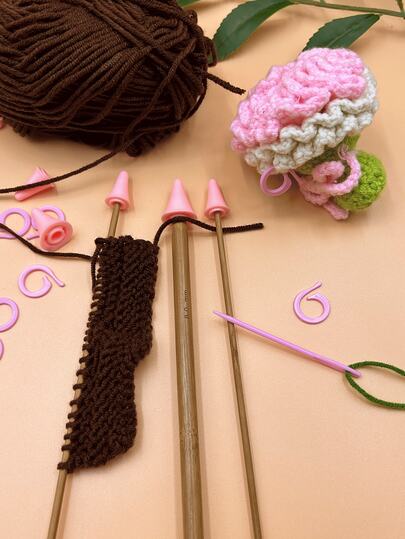 20件套粉色初学者编织针套装，含配件工具包，包括针帽、记号扣、缝纫针，非常适合新手钩针编织和DIY手工制作，是馈赠佳品。