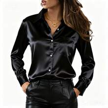 Women's Fashion Minimalist Turndown Collar Long Sleeve Blouse, Satin Texture Commuter Versatile Top Spring Black - Black - View 1