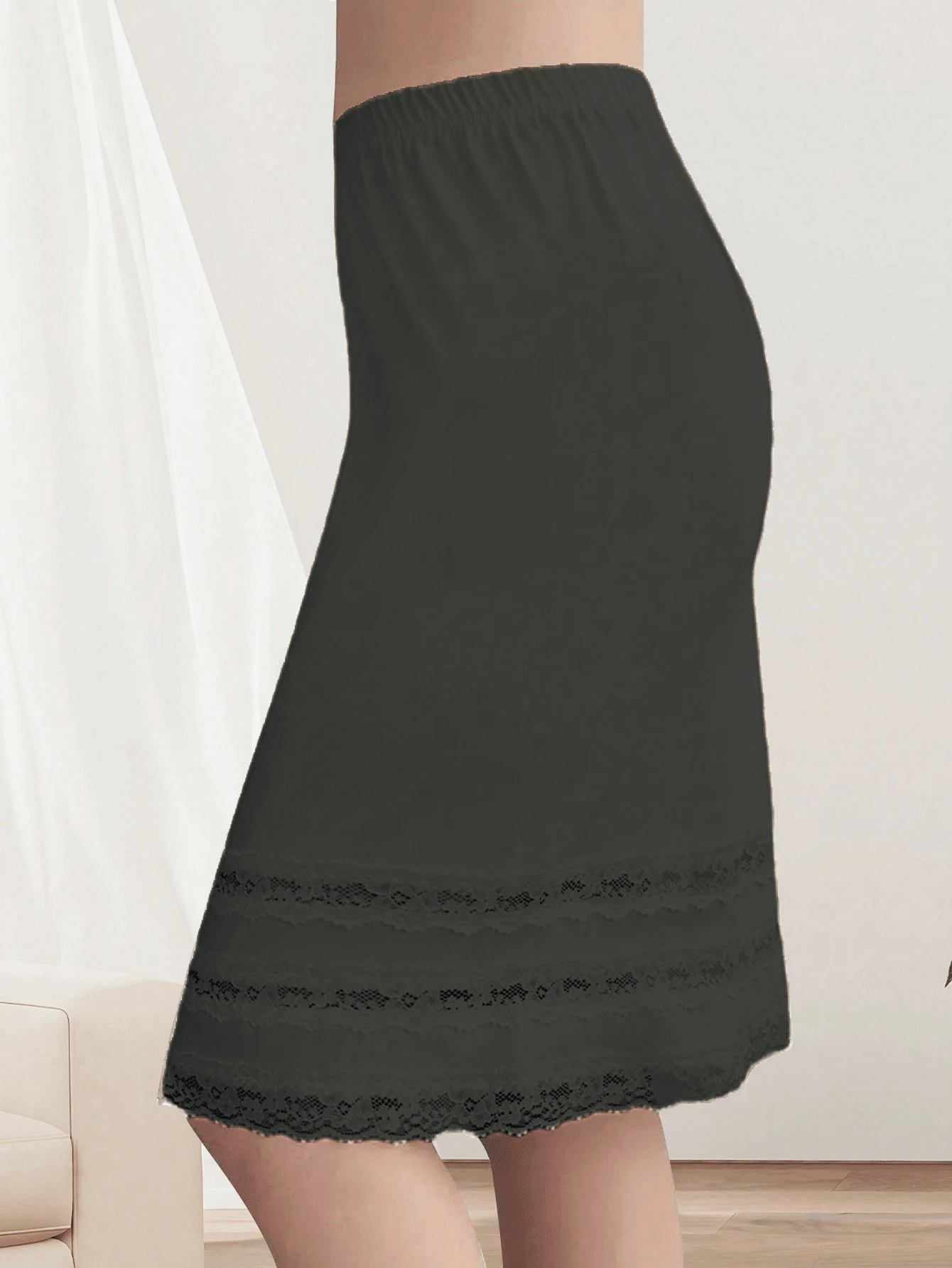 QING ROU Women's Lace Trim Slip Skirt, Fashionable Underskirt To Prevent Transparency And Exposure - Black - View 1