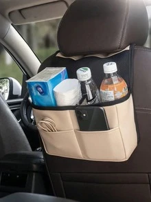 汽车座椅靠背收纳袋，头枕内嵌式设计，PU皮革网布材质，多口袋设计，可放置水瓶、手机、纸巾等，时尚百搭。 - 椅背收納袋 - 查看 4