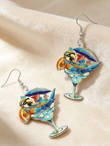 2D热带鹦鹉亚克力水滴耳环，双面印花，夏威夷鸡尾酒杯设计，夏日鸟儿水滴耳环，沙滩派对耳环 - 鸚鵡雞尾酒 - 查看 9