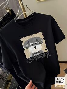 卡通小狗印花短袖中长款T恤，时尚休闲女式上衣，黑色夏季款 - 黑色 - 查看 2