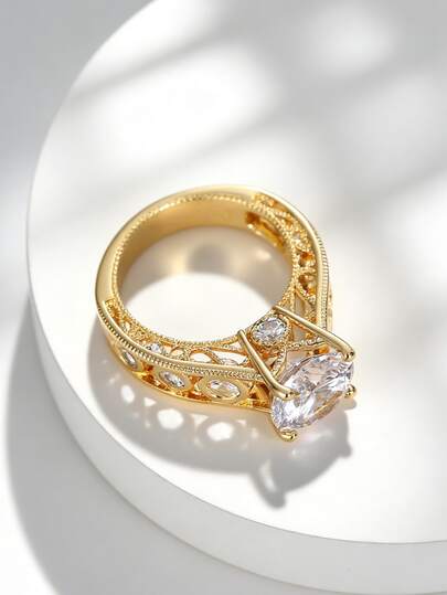 Charm-In Gold Plated Vintage Filigree CZ Ring Floral Lace Statement Jewelry For Women Intricate Lace CZ Statement Jewelry For Retro Style Lovers