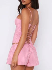 Women 2 Piece Striped Pajama Set Y2k Sleeveless Cami Tank Top And Fold Over Shorts Lounge Set Sleepwear - 粉色 - 查看 6