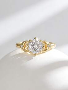 Charm-In 复古镀金心形镶嵌圆形锆石单钻戒指，女士款 | 浪漫订婚及承诺珠宝 - 金色 - 查看 1