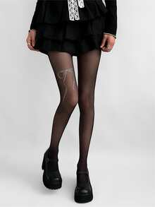 女士蝴蝶结烫钻性感黑色丝袜，Pure Desire 超薄防勾丝底裤袜，镶钻透明紧身黑色连裤袜 - 彩色 - 查看 5