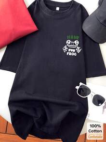 Cute Cartoon Print Short Sleeve Mid-Length T-Shirt, Casual Top For Women Black Summer - Black - View 4