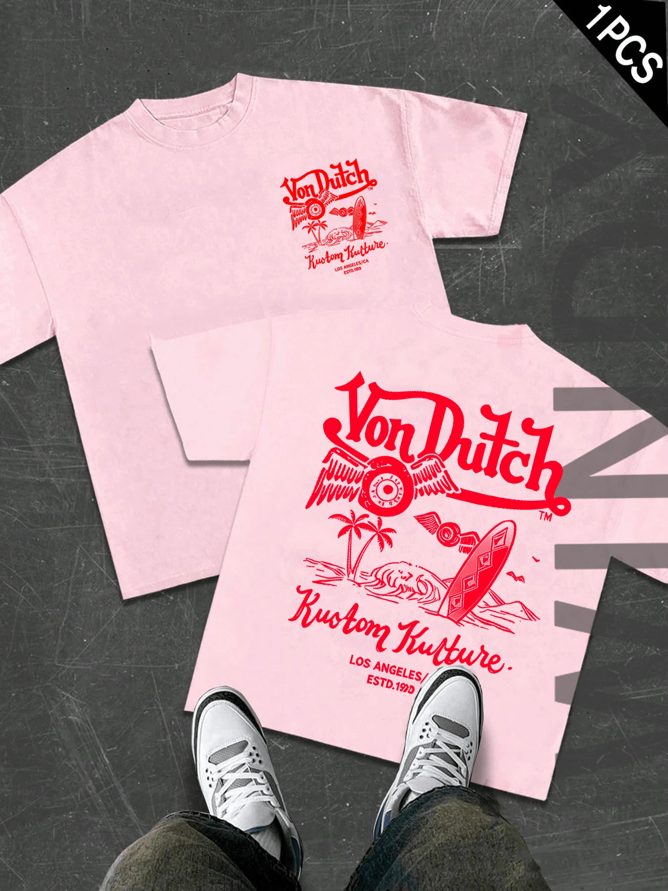 Double Side 180 Pure Cotton Vonn Dutch T Shirt Men's Casual Short-Sleeved T-Shirt, Combining Automotive And Motorcycle Art With Modern Design - Màu Hồng baby - Xem 1