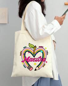 1 pieza Bolso de hombro tipo tote de estilo minimalista con estampado de DIA DEL MAESTRO, adecuado para trabajo, viajes, compras, escuela, gran capacidad, portátil, apropiado para adolescentes, estudiantes universitarias y trabajadoras de oficina, perfecto para trabajo, vuelta al cole, secundaria, universidad, vacaciones, con diseños divertidos para el día del maestro - Blanco - Ver 2