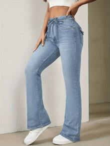 Flare jeans mujer Vaqueros largos estilo bohemio chic para mujer, tiro alto, diseño acampanado con botones y cremallera pantalones acampanado de mujer - Azul - Ver 3