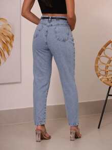 Women's High-Waisted Plain Jeans - 霧霾藍 - 查看 2