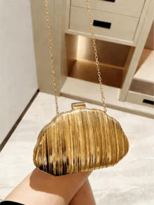 Golden Clutch Bag For Women, European & American Fashion Metal Decor Mini Box Handbag, Women's Fashionable Metallic Effect Evening Party Chain Bag With Chain Shoulder/Crossbody Function, Perfectly Matches Bridal Party, Prom, Gala & Formal Dresses, Vintage Metal Decor Box Shape Design For Classic Elegance, Ideal Spring Shoulder Bag & Gift For Women, Best Elegant Bag For Bridal Shower, Metallic Gold Finish For A Luxurious Statement - 彩色 - 查看 5