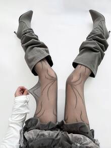 1双灰色蕾丝渔网袜，性感美式镂空网眼连裤袜，纤细蜘蛛网设计，适合女性，春秋季穿着 - 彩色 - 查看 5