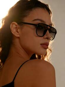 Black Double-Bridge Retro Fashion Fashion Glasses, Unisex Suitable For Driving, Vacation, Party, Daily Wear, Stylish Outfit, PC Frame Material - Black - View 5